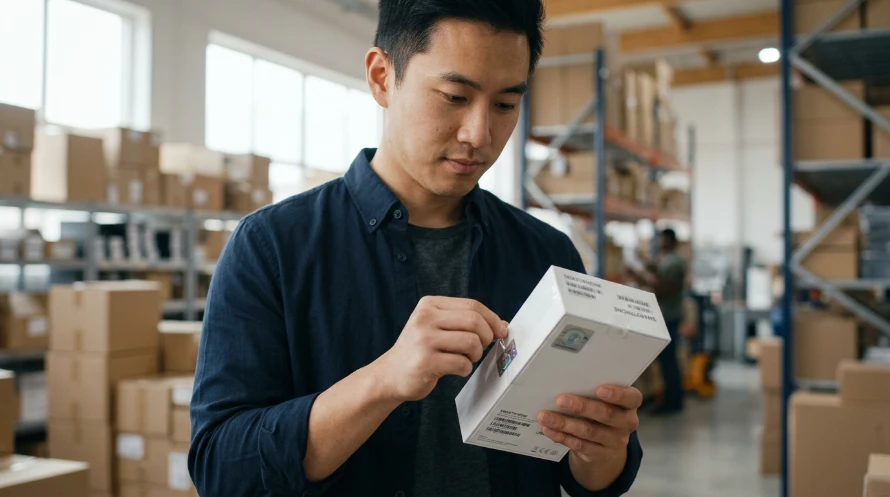Reseller inspecting sealed authentic smartphone stock from Hong Kong supplier — Uniqbe