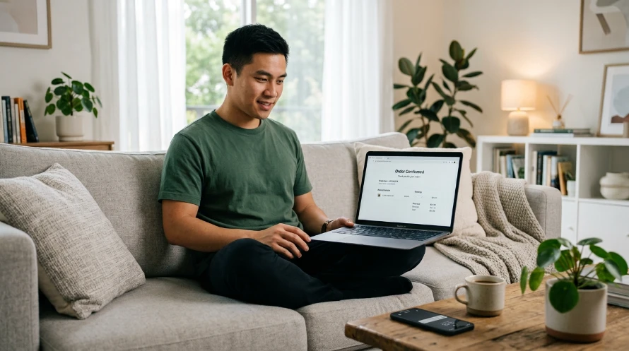 Asian man in a casual t-shirt sitting cross-legged on a sofa at home, looking at a laptop screen showing a simple order confirmation page