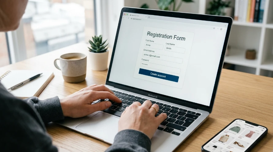 shot of a person's hands typing on a laptop, registration form visible on screen