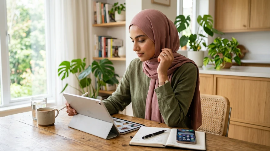 Confident young woman with a hijab, wearing a smart-casual blouse, sitting at a kitchen table looking at a tablet screen showing a product catalogue grid