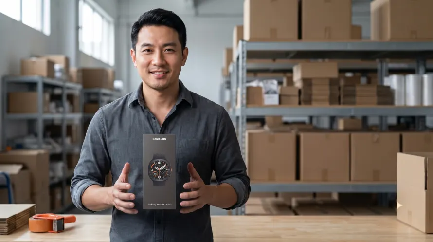 Reseller holding a boxed Samsung Galaxy Watch Ultra 2 in a fulfilment warehouse
